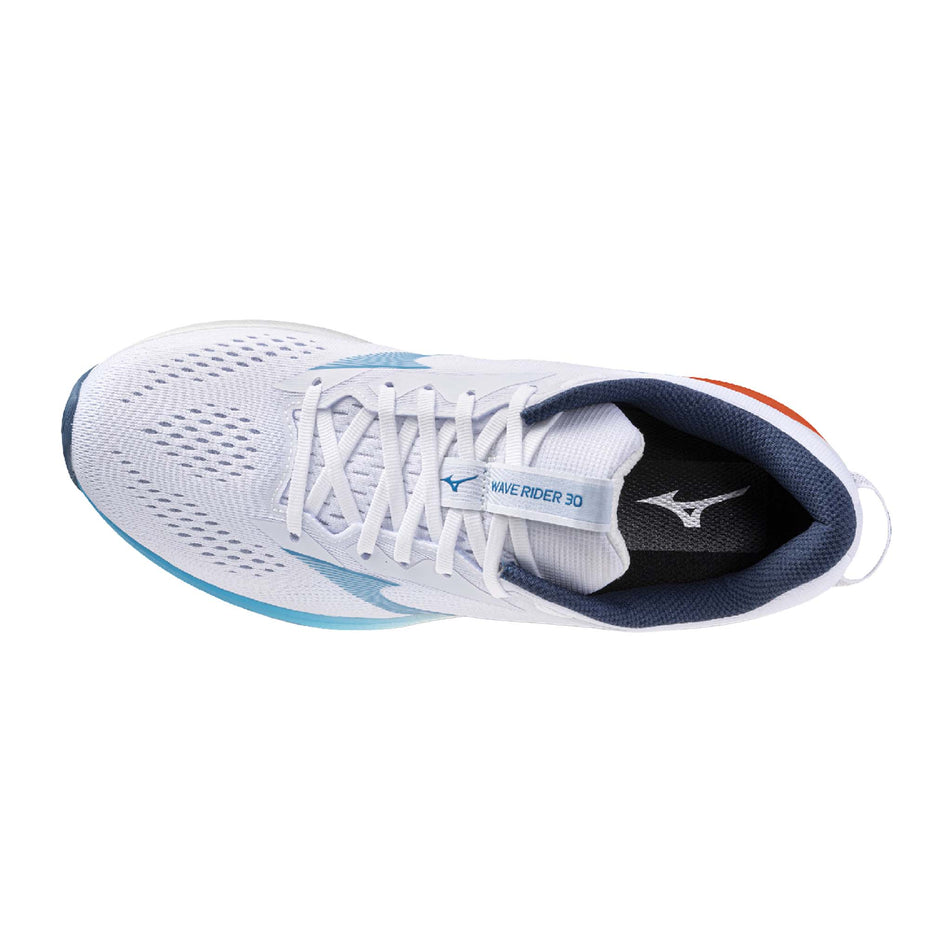 The upper of the left shoe from a pair of Mizuno Men's Wave Rider 30 Running Shoes in the White/Blue Jewel/Orange.com colourway.