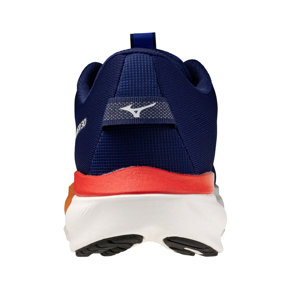 The back of the left shoe from a pair of Mizuno Men's Wave Rider 30 Running Shoes in the Beacon Blue/Dark Slate/Ambrosia colourway.