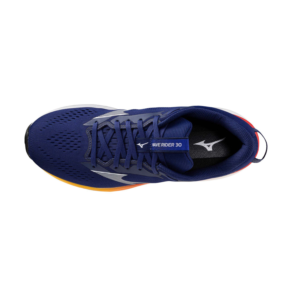 The upper of the left shoe from a pair of Mizuno Men's Wave Rider 30 Running Shoes in the Beacon Blue/Dark Slate/Ambrosia colourway.