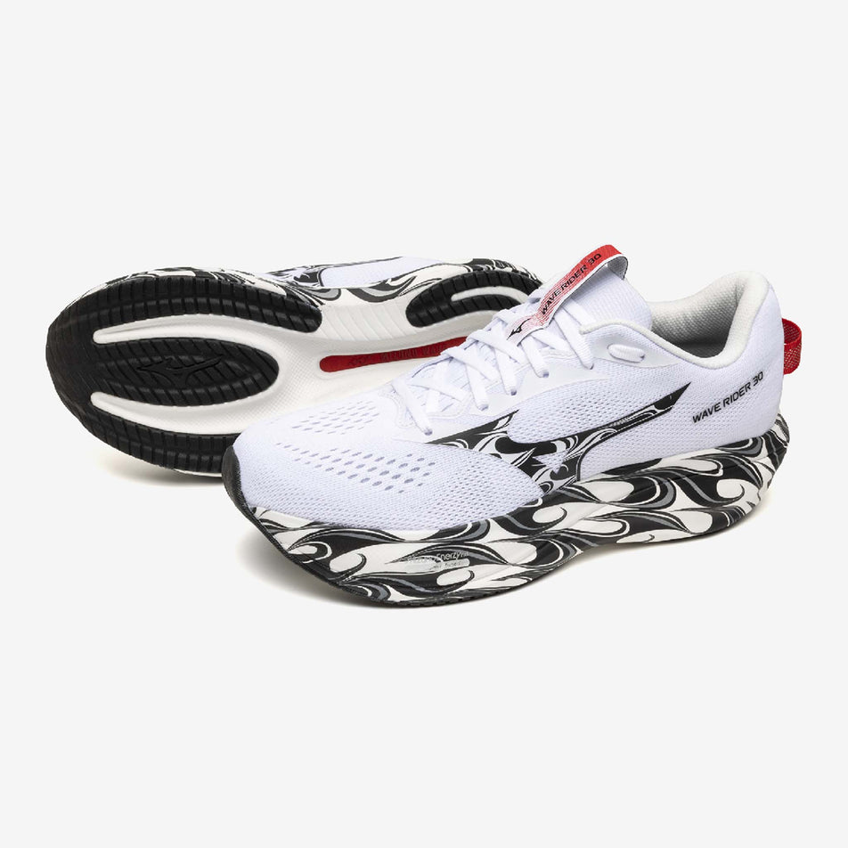 A pair of Mizuno Unisex Wave Rider 30 Disclosure Running Shoes in the White/Black/High Risk Red colourway.