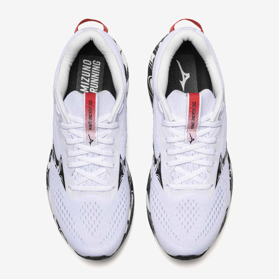 A bird's eye view of a pair of Mizuno Unisex Wave Rider 30 Disclosure Running Shoes in the White/Black/High Risk Red colourway.