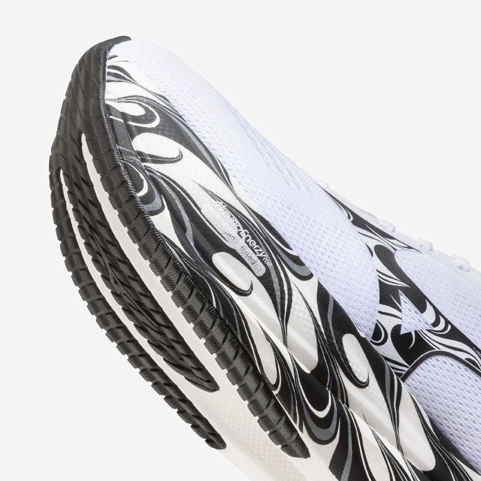 Close up view of the forefoot of the Mizuno Unisex Wave Rider 30 Disclosure Running Shoes in the White/Black/High Risk Red colourway.