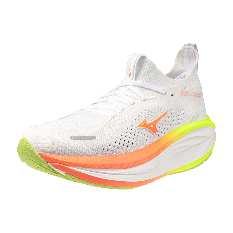 Lateral view of the left shoe from a pair of Mizuno Women's Neo Vista 3 Running Shoes in the White/Flamingo Coral/Lime Pulp colourway.