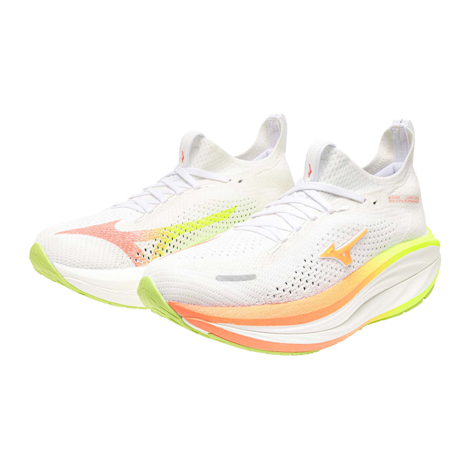 A pair of Mizuno Women's Neo Vista 3 Running Shoes in the White/Flamingo Coral/Lime Pulp colourway.