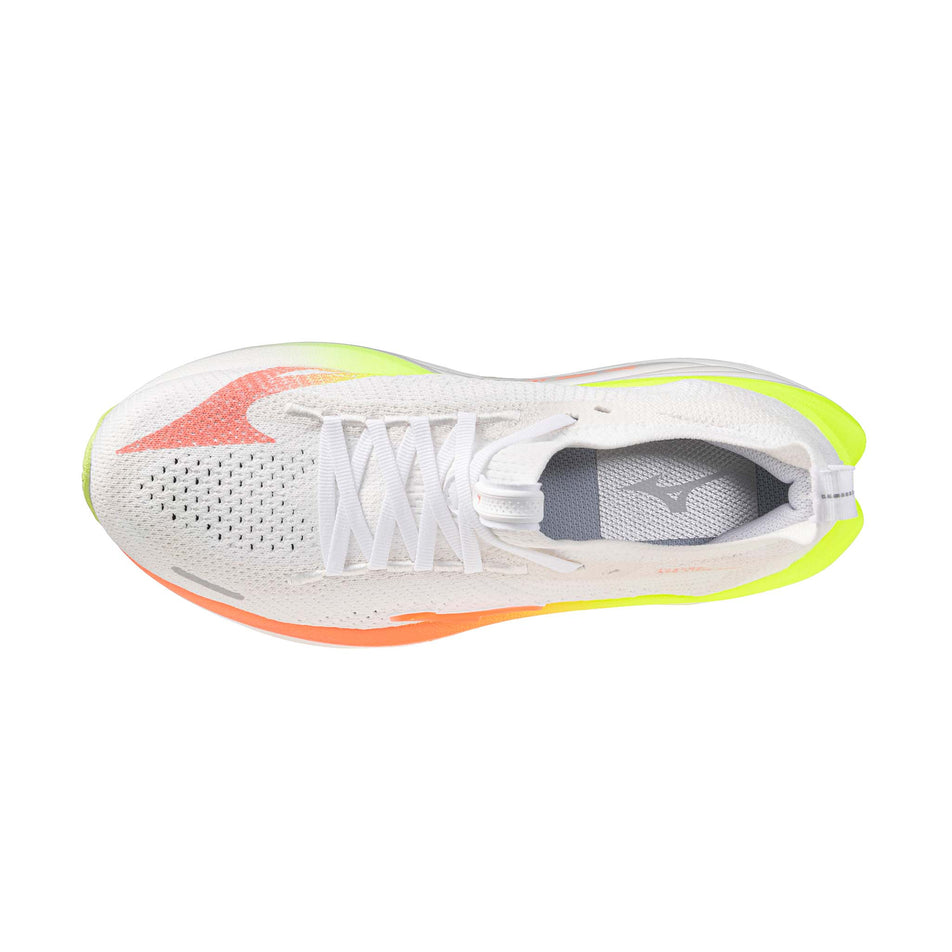 The upper of the left shoe from a pair of Mizuno Women's Neo Vista 3 Running Shoes in the White/Flamingo Coral/Lime Pulp colourway.