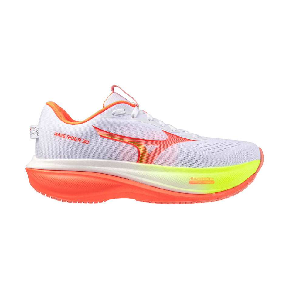 Lateral view of the right shoe from a pair of Mizuno Women's Wave Rider 30 Running Shoes in the White/Flamingo Coral/Lime Pulp colourway.