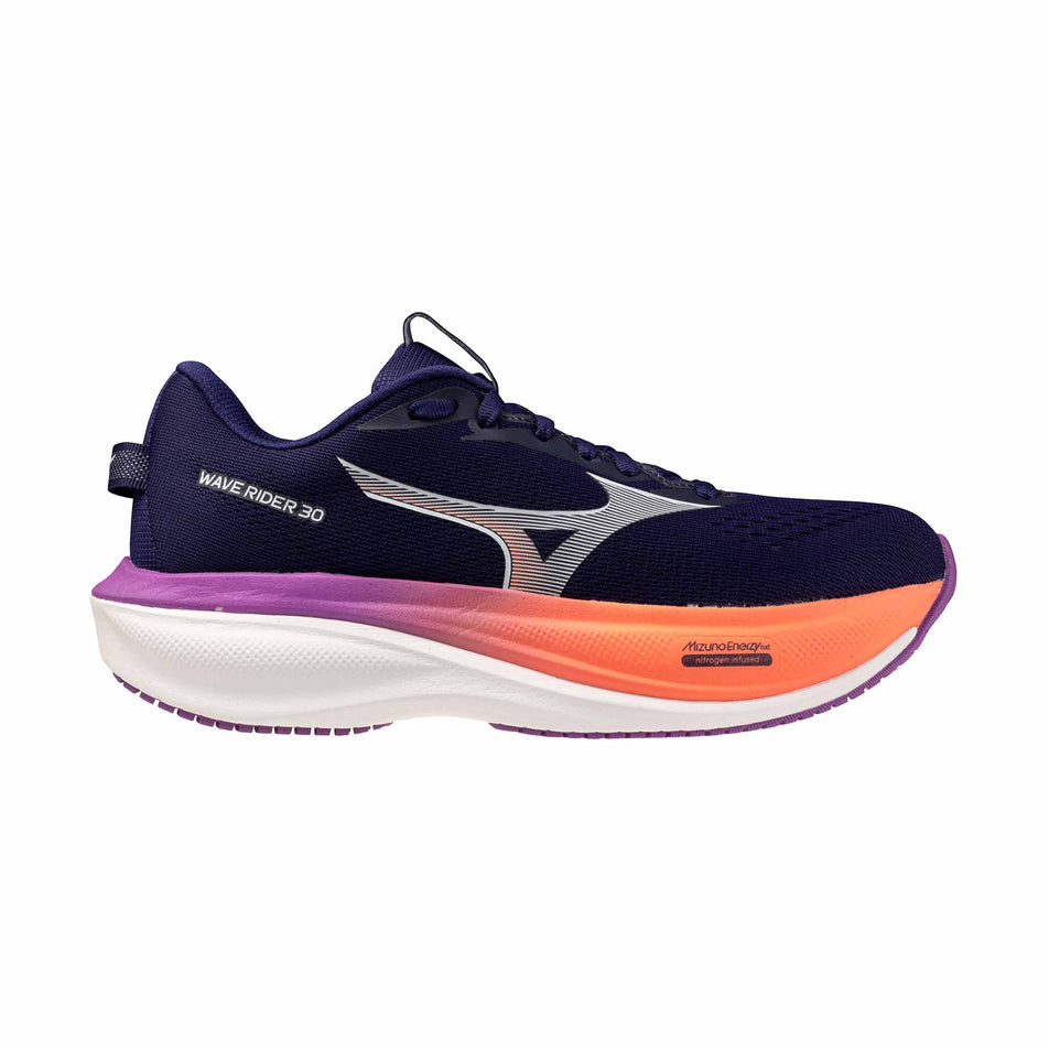 Lateral view of the right shoe from a pair of Mizuno Women's Wave Rider 30 Running Shoes in the Rhodonite/White/Firecracker colourway.