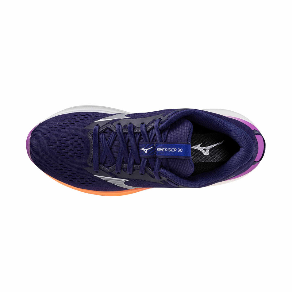The upper of the left shoe from a pair of Mizuno Women's Wave Rider 30 Running Shoes in the Rhodonite/White/Firecracker colourway.
