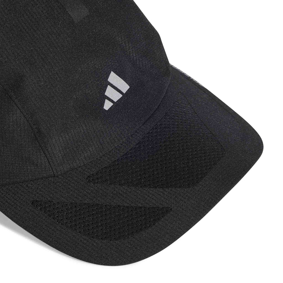 The front of an adidas Unisex Run x Adizero Cap in the Black/Reflective Silver colourway. (8591277752482)
