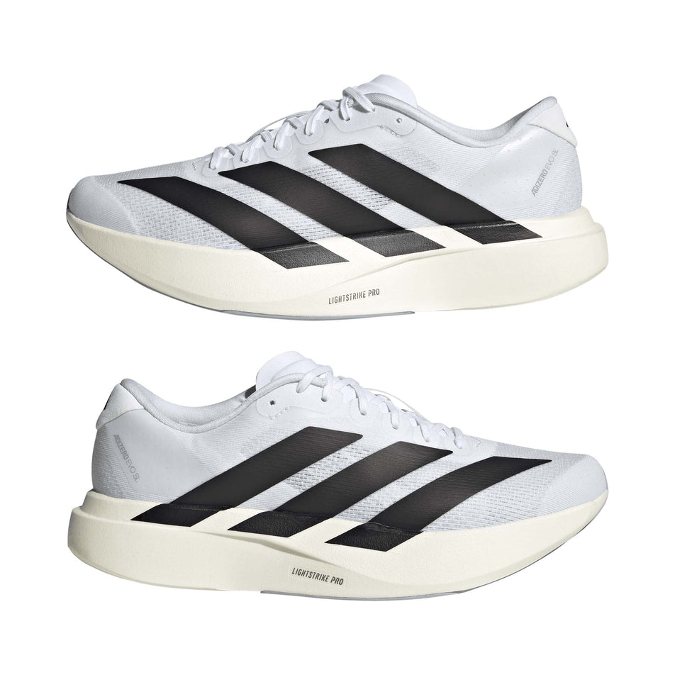 A pair of adidas Men's Adizero EVO SL Running Shoes in the Ftwr White/Core Black/Ftwr White colourway.