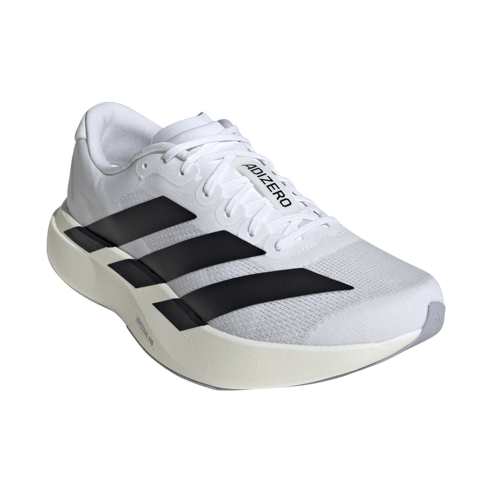 Lateral view of the right shoe from a pair of adidas Men's Adizero EVO SL Running Shoes in the Ftwr White/Core Black/Ftwr White colourway.