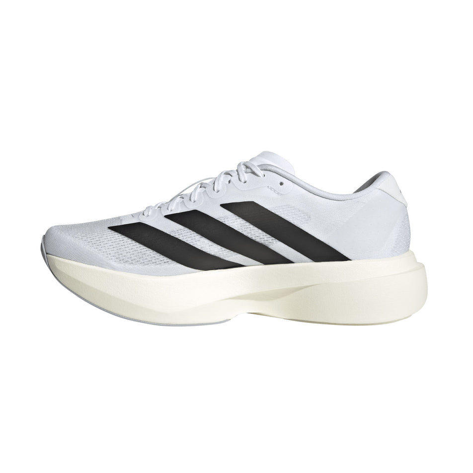 Medial view of the right shoe from a pair of adidas Men's Adizero EVO SL Running Shoes in the Ftwr White/Core Black/Ftwr White colourway.