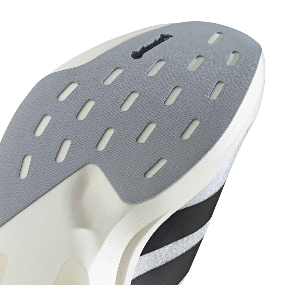 Close-up view of the outsole rubber on the forefoot of the right shoe from a pair of adidas Men's Adizero EVO SL Running Shoes in the Ftwr White/Core Black/Ftwr White colourway.