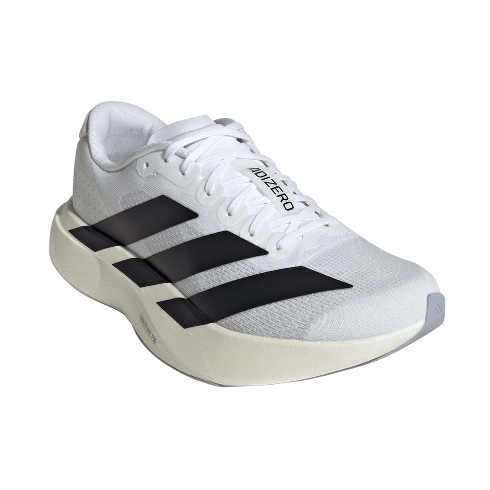 Lateral view of the right shoe from a pair of adidas Women's Adizero EVO SL Running Shoes in the Ftwr White/Core Black/Ftwr White colourway.