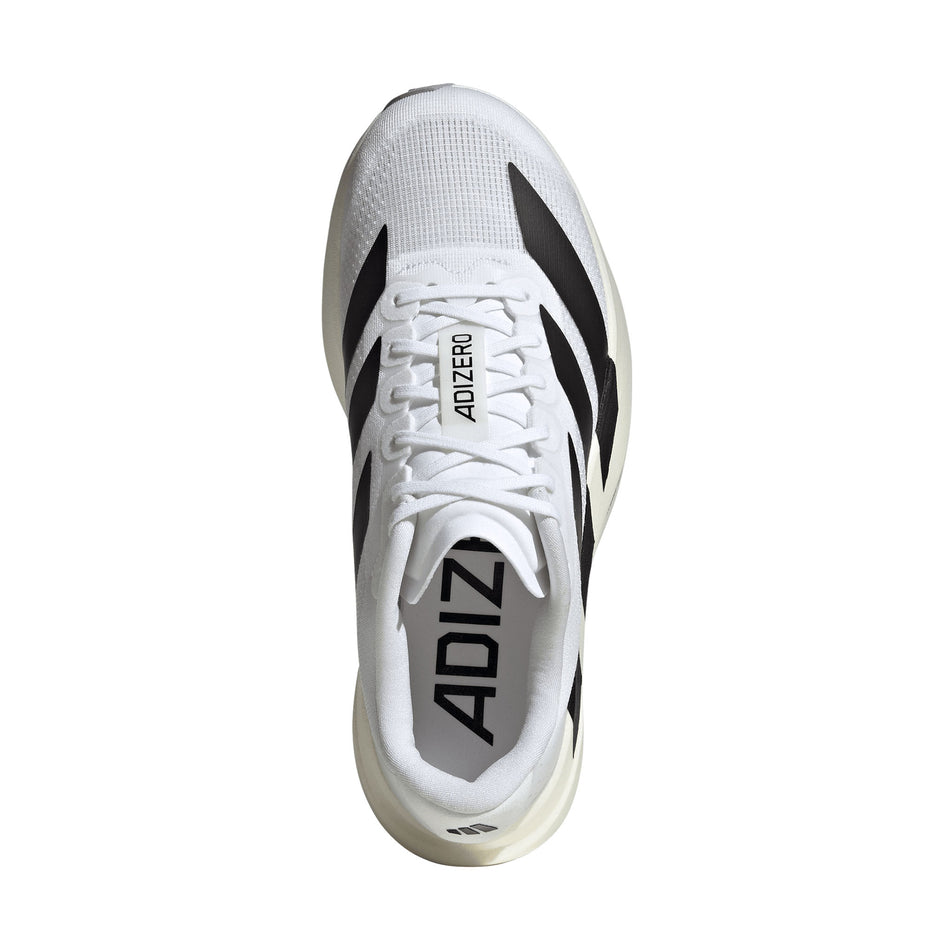 The upper of the right shoe from a pair of adidas Women's Adizero EVO SL Running Shoes in the Ftwr White/Core Black/Ftwr White colourway.