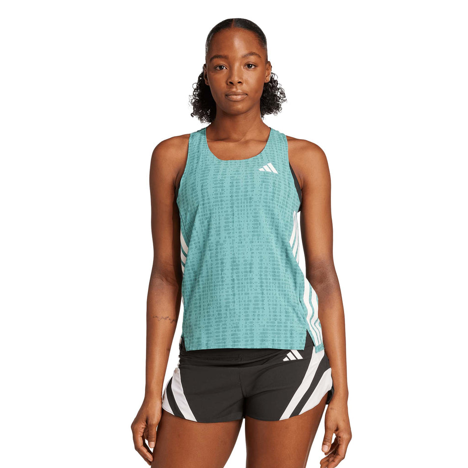 Front view of a model wearing the adidas Women's Adizero Singlet in the Powder Teal/Preloved Teal colourway. (8665224315042)