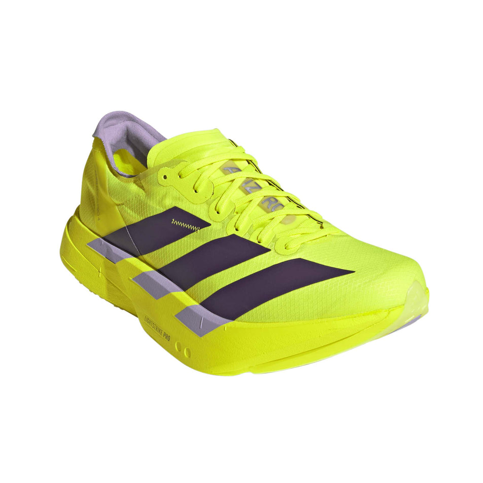 Lateral view of the right shoe from a pair of adidas Men's Adizero Adios Pro 4 Running Shoes in the Solar Yellow/Aurora Plum/Powder Plum colourway.