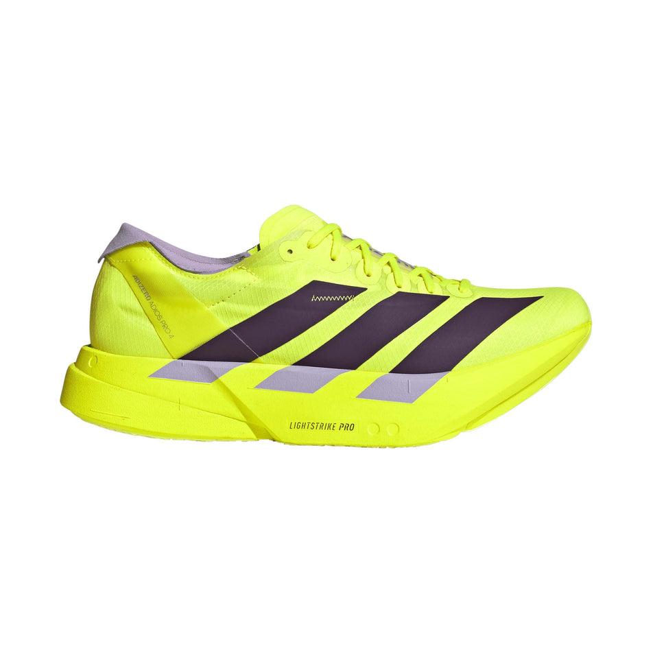 Lateral view of the right shoe from a pair of adidas Men's Adizero Adios Pro 4 Running Shoes in the Solar Yellow/Aurora Plum/Powder Plum colourway.