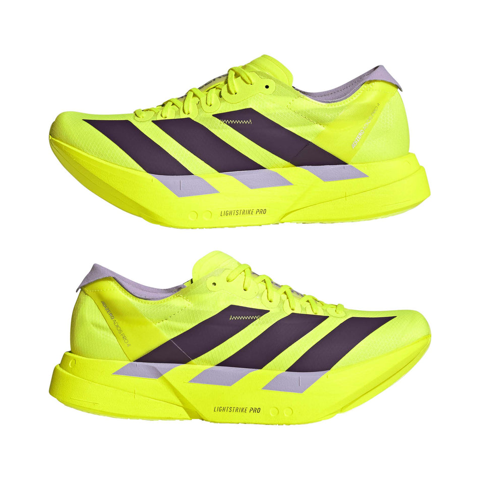 A pair of adidas Men's Adizero Adios Pro 4 Running Shoes in the Solar Yellow/Aurora Plum/Powder Plum colourway.