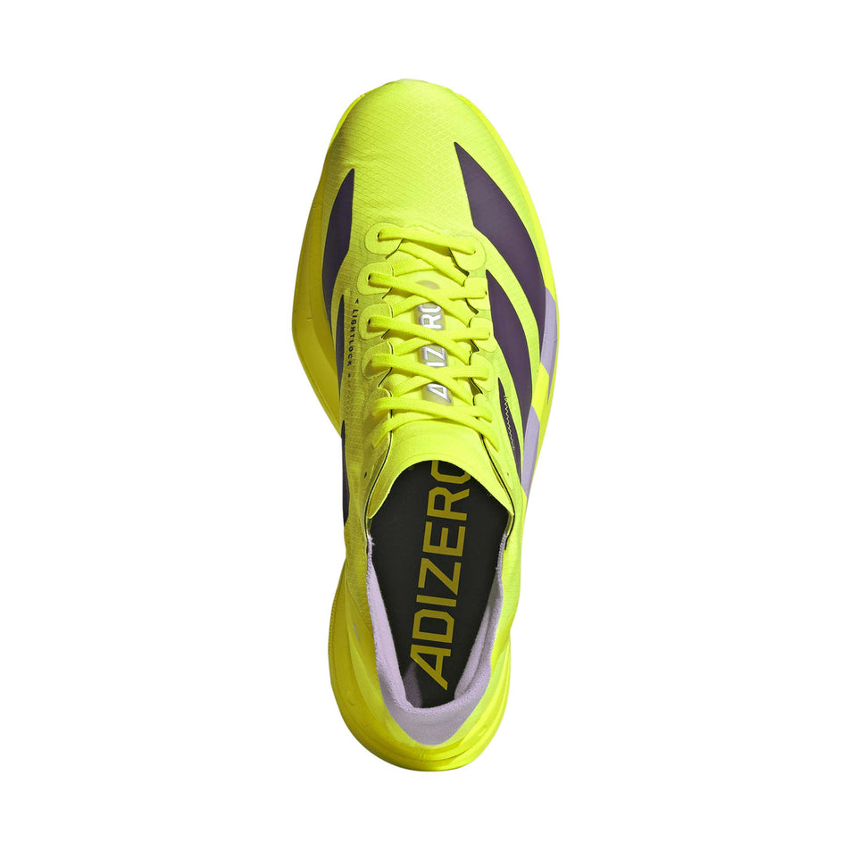 The upper of the right shoe from a pair of adidas Men's Adizero Adios Pro 4 Running Shoes in the Solar Yellow/Aurora Plum/Powder Plum colourway.