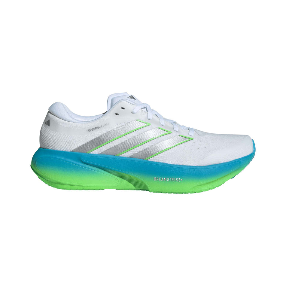 Lateral view of the right shoe from a pair of adidas Men's Supernova Rise 3 Running Shoes in the Ftwr White/Silver met./Semi Blue Burst colourway. 