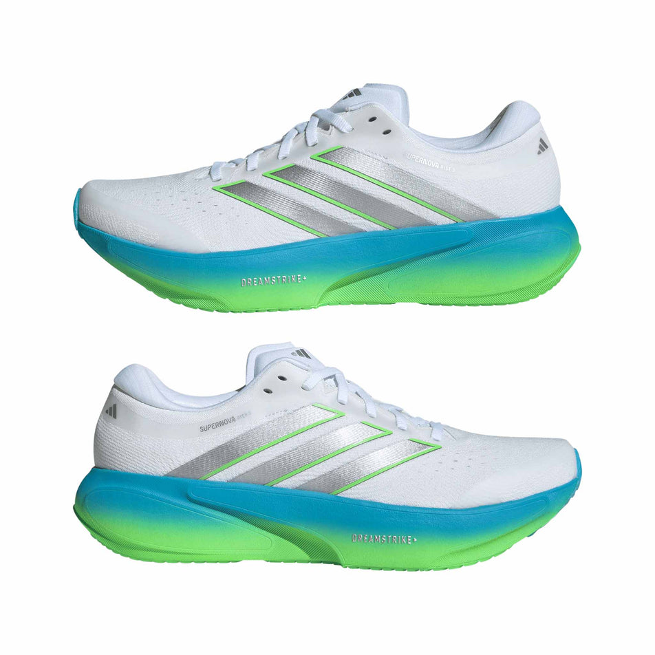 A pair of adidas Men's Supernova Rise 3 Running Shoes in the Ftwr White/Silver met./Semi Blue Burst colourway.