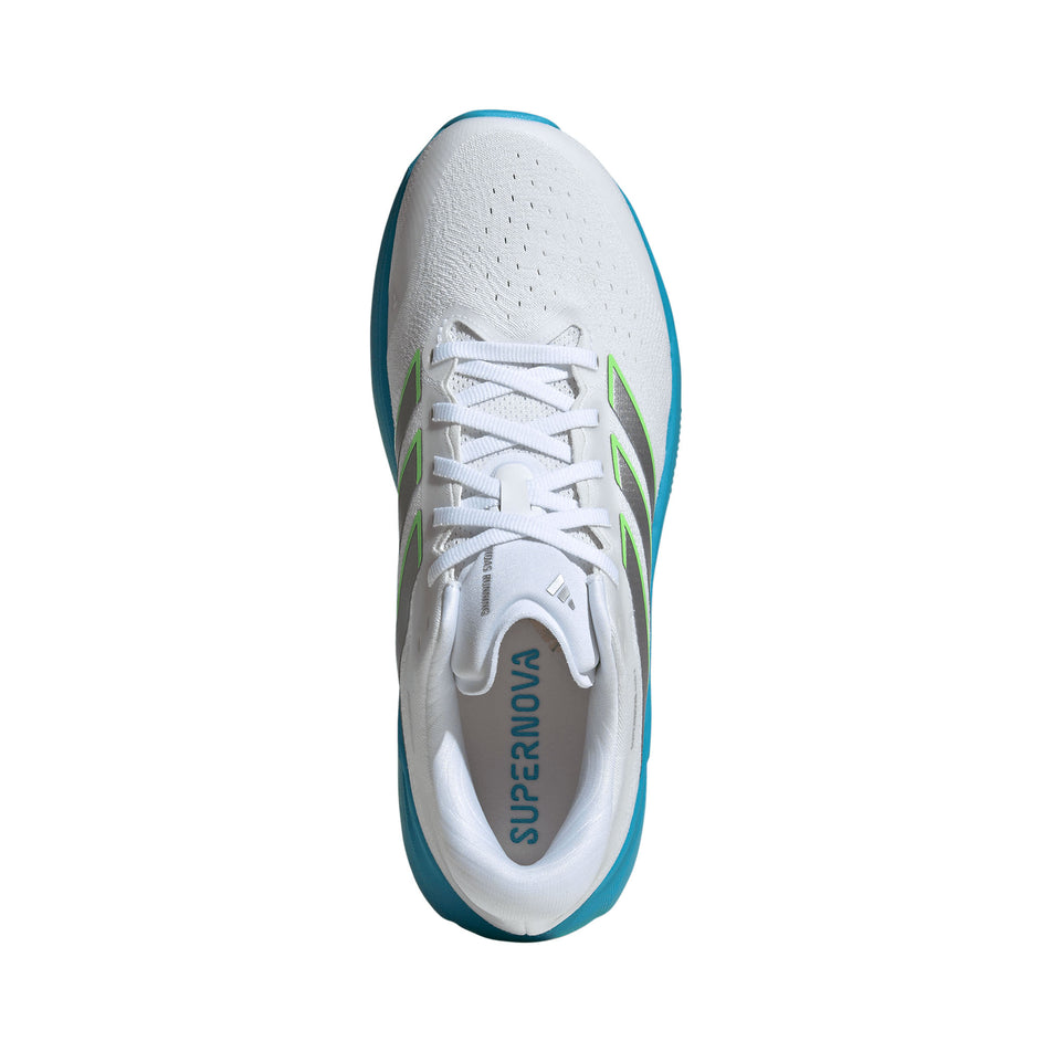 The upper of the right shoe from a pair of adidas Men's Supernova Rise 3 Running Shoes in the Ftwr White/Silver met./Semi Blue Burst colourway.
