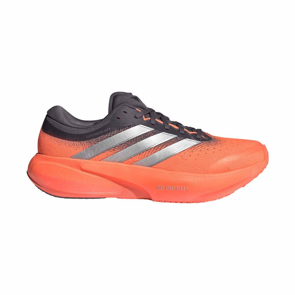 Lateral view of the right shoe from a pair of adidas Men's Supernova Rise 3 Running Shoes in the Aurora Onix/Silver met./Lucid Orange colourway. 