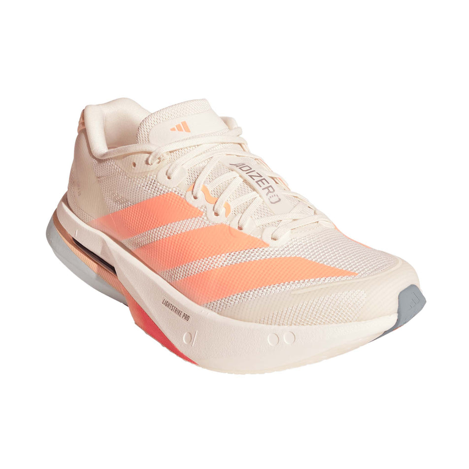 Lateral view of the right shoe from a pair of adidas Women's Adizero Boston 13 Running Shoes in the Off White/Beam Orange/Acid Orange colourway.