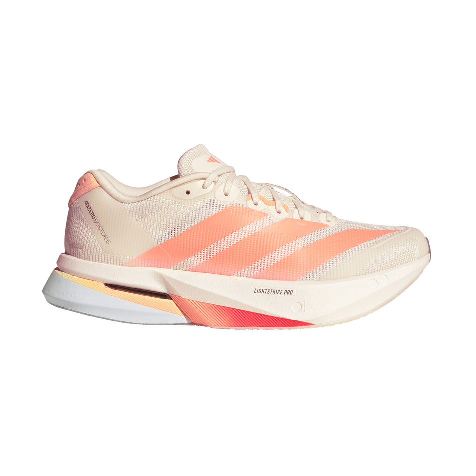 Lateral view of the right shoe from a pair of adidas Women's Adizero Boston 13 Running Shoes in the Off White/Beam Orange/Acid Orange colourway. 