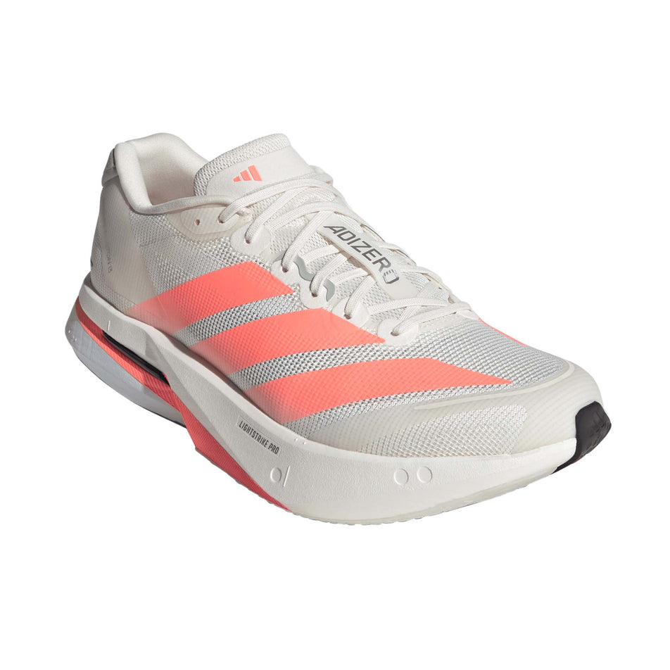 Lateral view of the right shoe from a pair of adidas Men's Adizero Boston 13 Running Shoes in the Off White/Lucid Orange/Grey colourway.