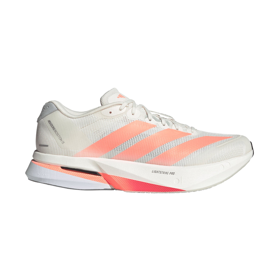 Lateral view of the right shoe from a pair of adidas Men's Adizero Boston 13 Running Shoes in the Off White/Lucid Orange/Grey colourway. 