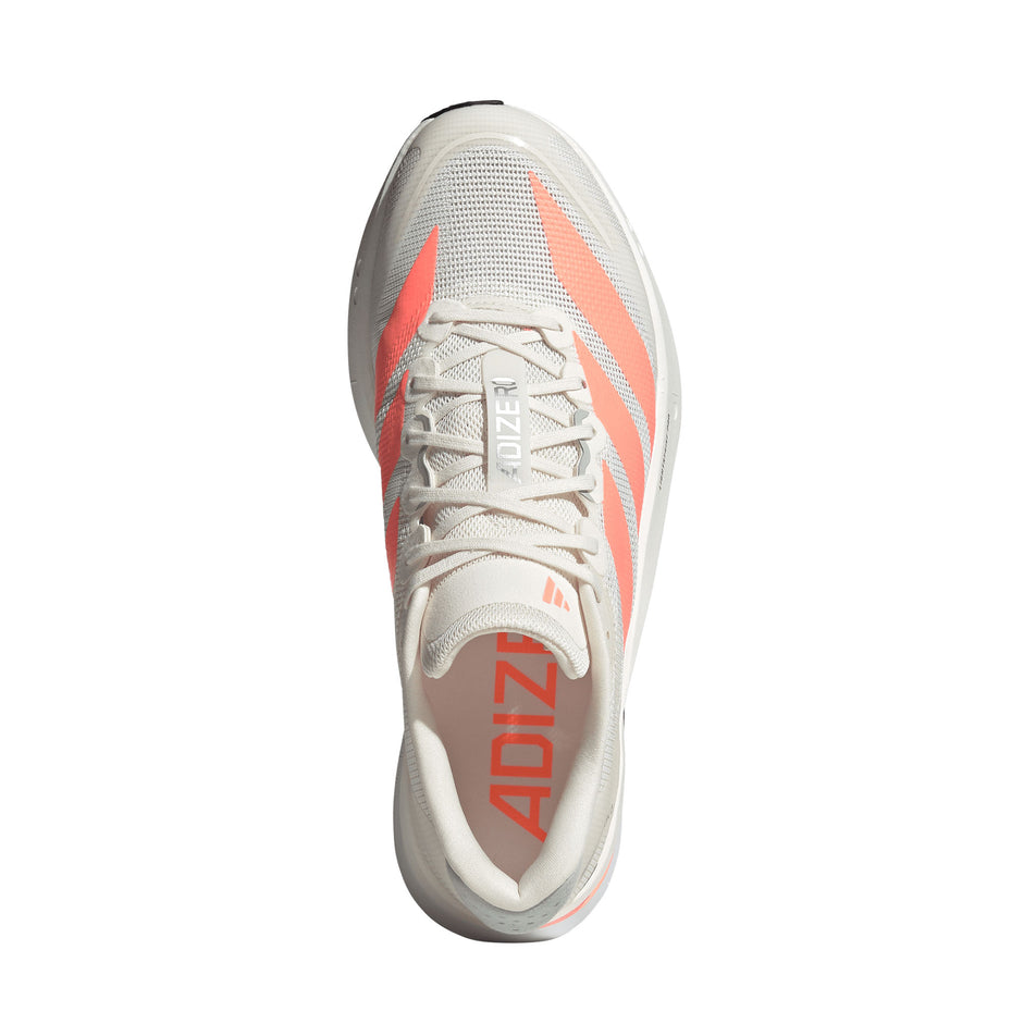 The upper of the right shoe from a pair of adidas Men's Adizero Boston 13 Running Shoes in the Off White/Lucid Orange/Grey colourway.