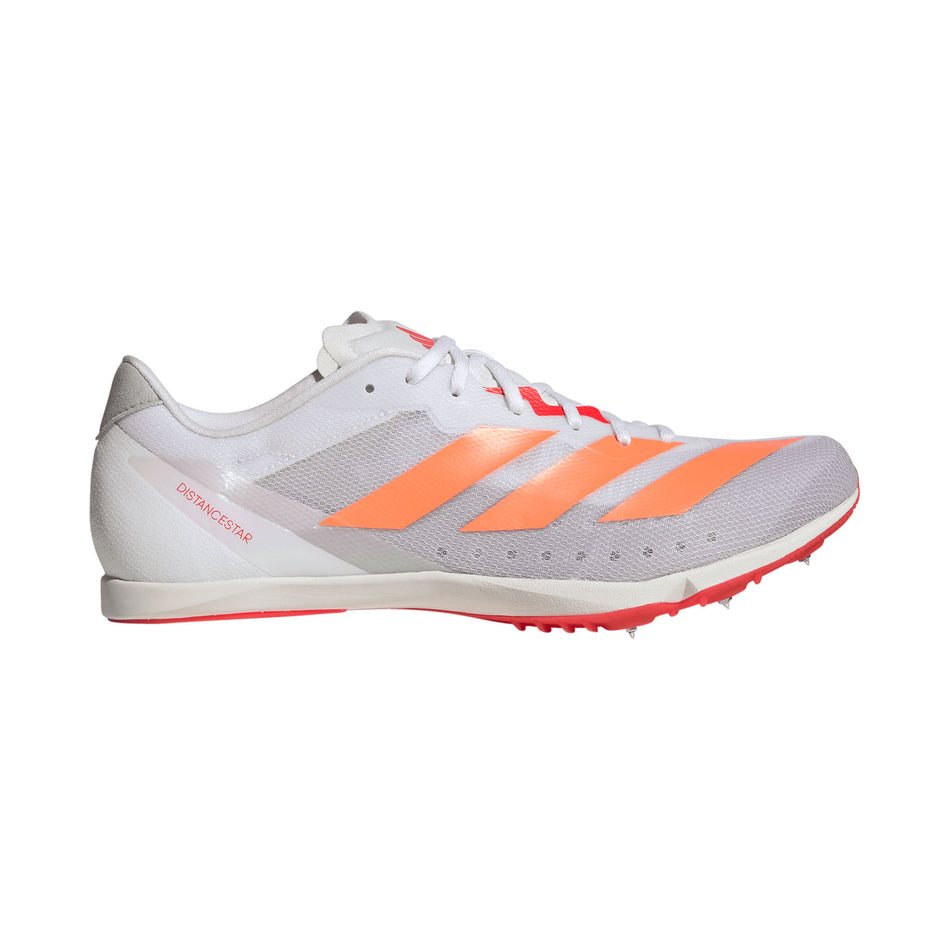 Lateral view of the right shoe from a pair of adidas Distancestar Running Spikes in the Ftwr White/Lucid Orange/Lucid Red colourway.