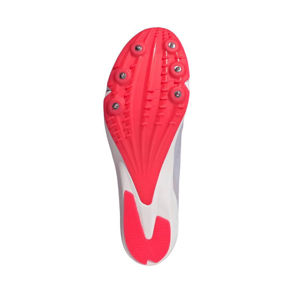The outsole of the right shoe from a pair of adidas Distancestar Running Spikes in the Ftwr White/Lucid Orange/Lucid Red colourway.
