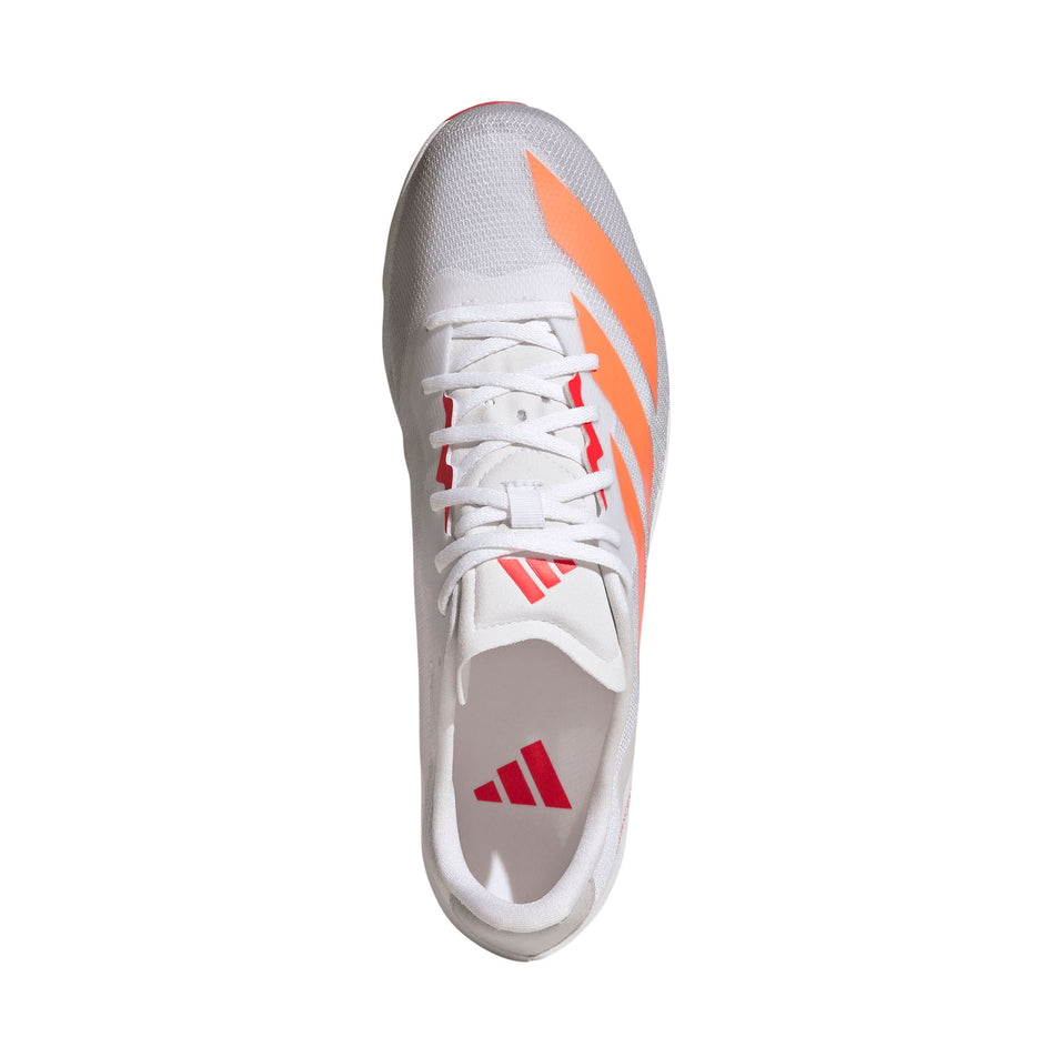 The upper of the right shoe from a pair of adidas Distancestar Running Spikes in the Ftwr White/Lucid Orange/Lucid Red colourway.
