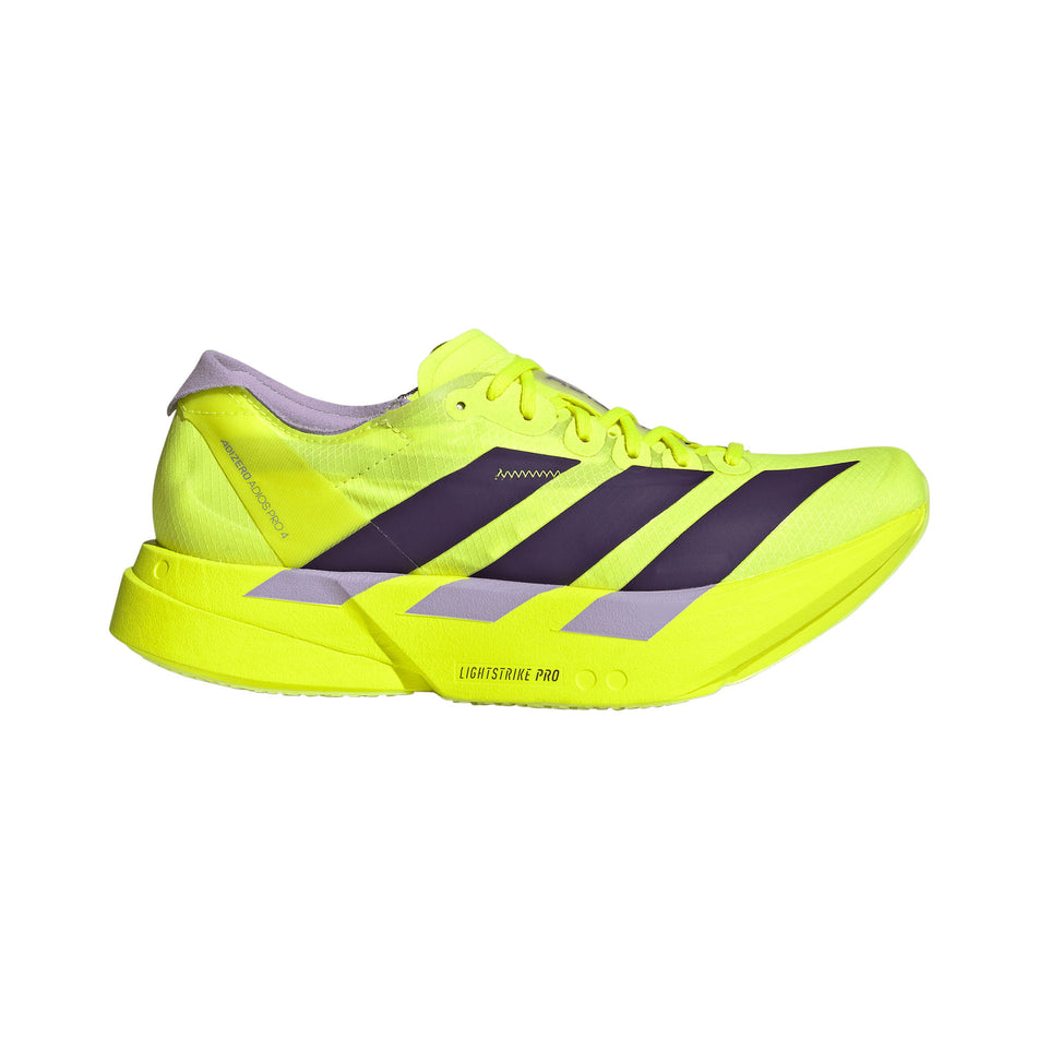 Lateral view of the right shoe from a pair of adidas Women's Adizero Adios Pro 4 Running Shoes in the Solar Yellow/Aurora Plum/Powder Plum colourway.