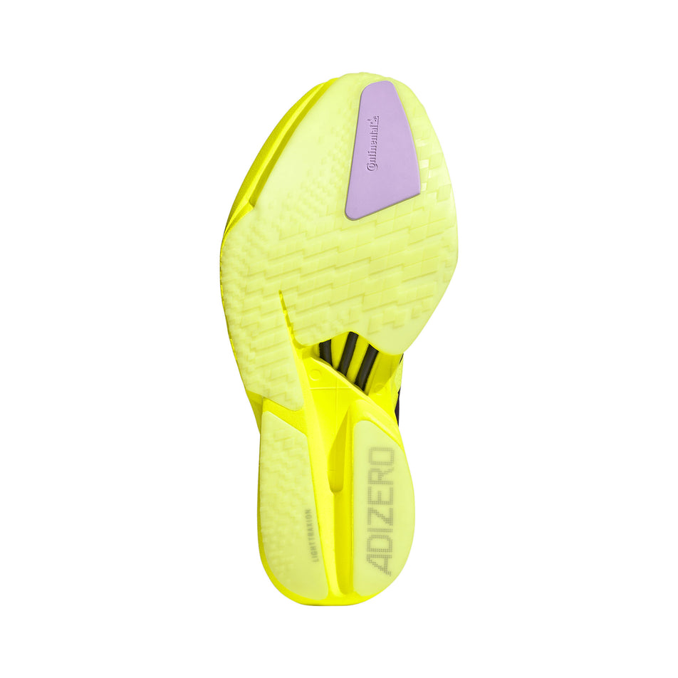 The outsole of the right shoe from a pair of adidas Women's Adizero Adios Pro 4 Running Shoes in the Solar Yellow/Aurora Plum/Powder Plum colourway.