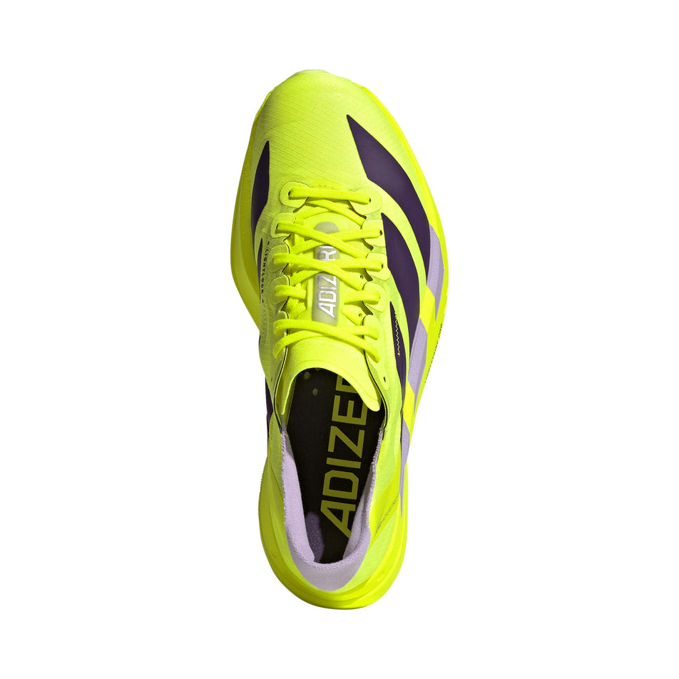 The upper of the right shoe from a pair of adidas Women's Adizero Adios Pro 4 Running Shoes in the Solar Yellow/Aurora Plum/Powder Plum colourway.