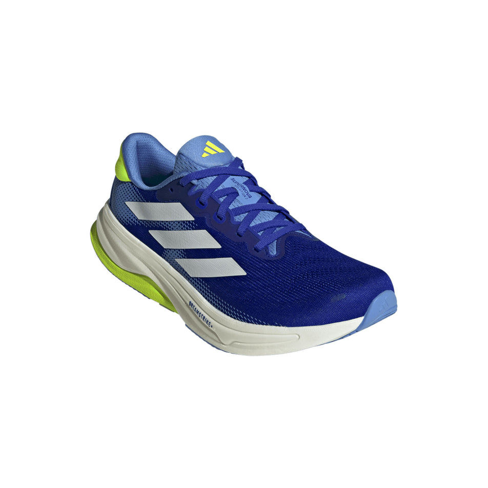Lateral view of the right shoe from a pair of adidas Men's Supernova Solution 2 Running Shoes in the Lucid Blue/Zero Met./Lucid Lemon colourway. (8662548250786)