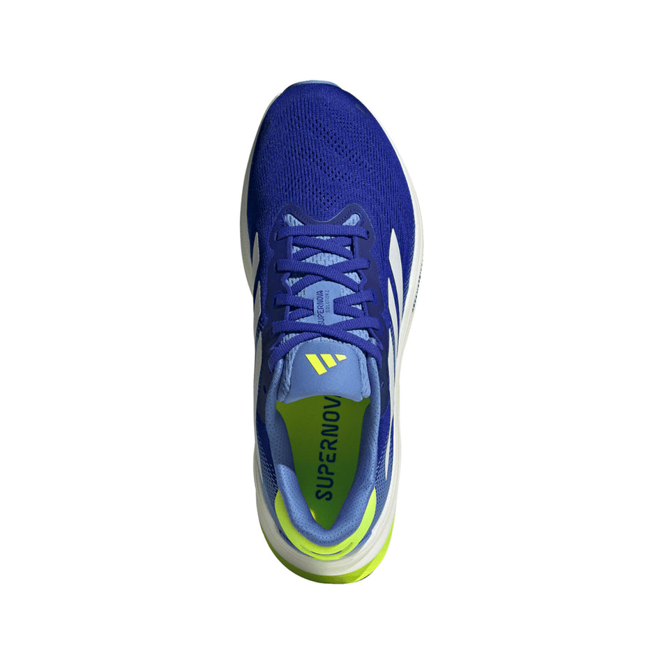 The upper of the right shoe from a pair of adidas Men's Supernova Solution 2 Running Shoes in the Lucid Blue/Zero Met./Lucid Lemon colourway. (8662548250786)