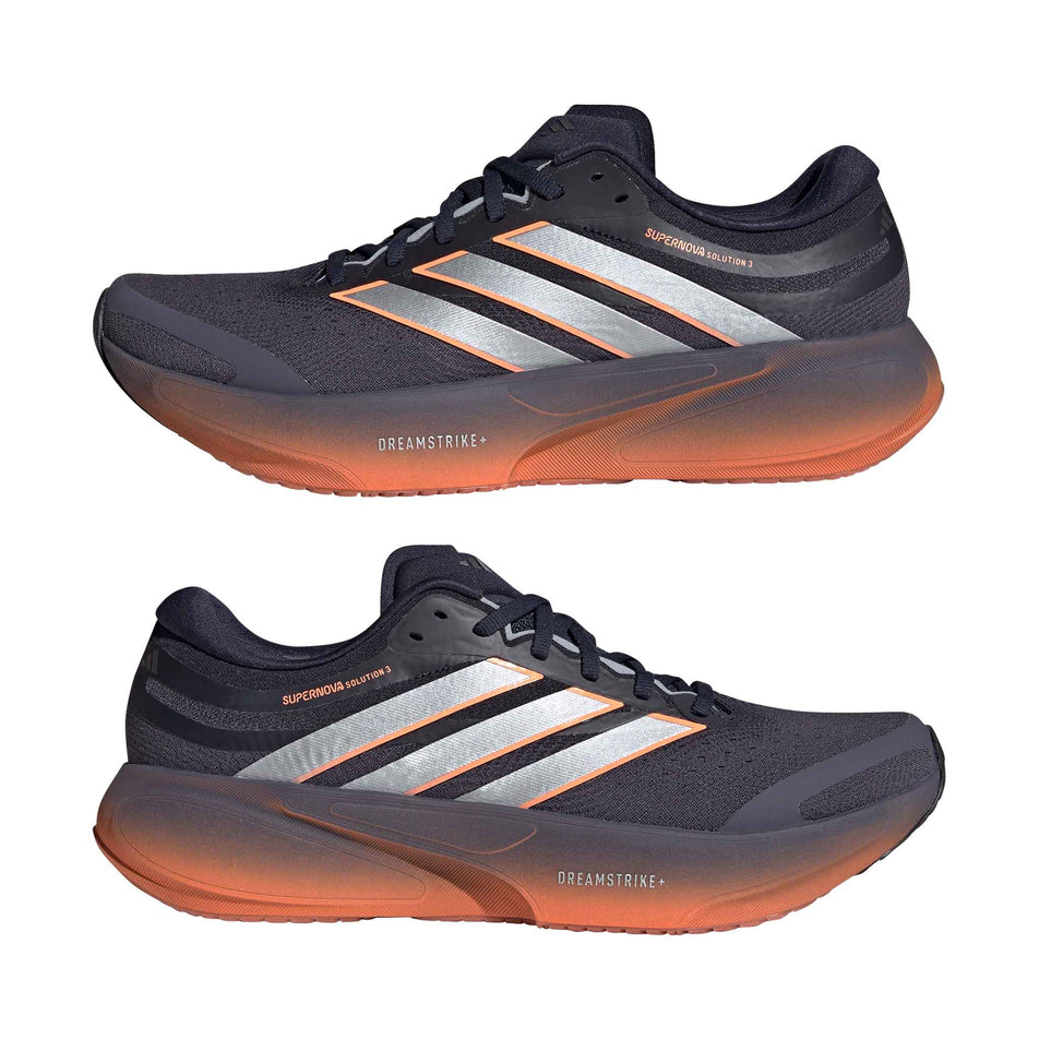 A pair of adidas Men's Supernova Solution 3 Running Shoes in the Aurora Onix/Silver met./Lucid Orange colourway.