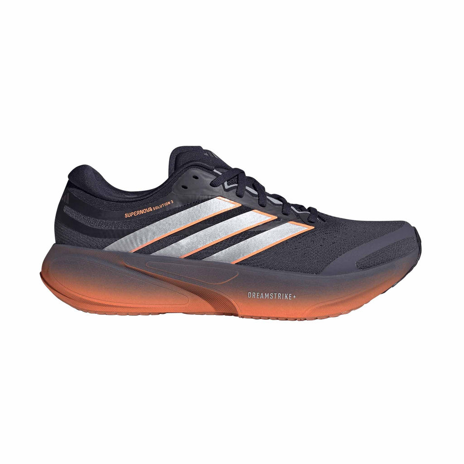Lateral view of the right shoe from a pair of adidas Men's Supernova Solution 3 Running Shoes in the Aurora Onix/Silver met./Lucid Orange colourway. 