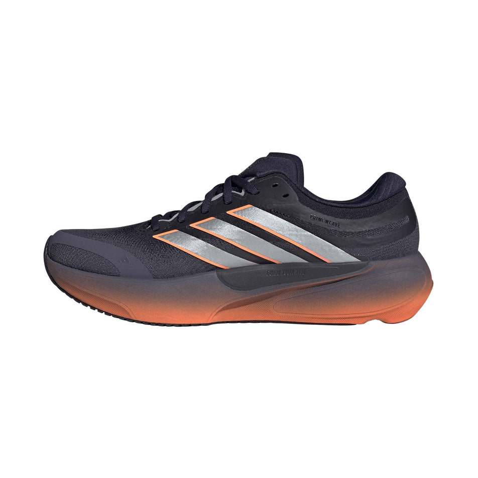 Medial view of the right shoe from a pair of adidas Men's Supernova Solution 3 Running Shoes in the Aurora Onix/Silver met./Lucid Orange colourway.