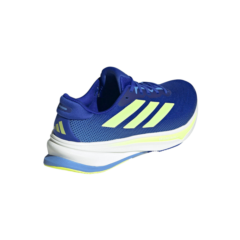 Lateral view of the right shoe from a pair of adidas Men's Supernova Rise 2 Running Shoes in the Lucid Blue/Hi-Red Yellow/Blue Fusion colourway. (8662545006754)