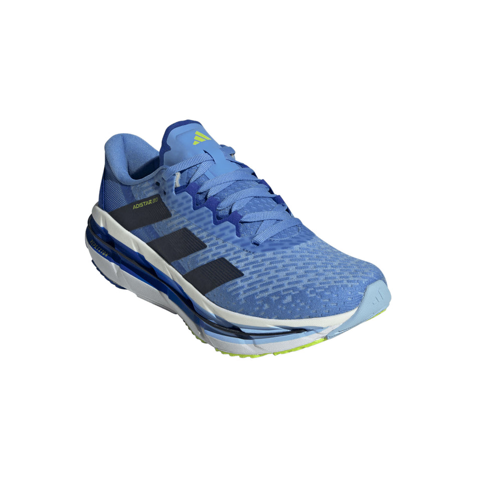 Lateral view of the right shoe from a pair of adidas Men's Adistar BYD Running Shoes in the Blue Fusion/Legend Ink/Solar Slime colourway. (8662536290466)