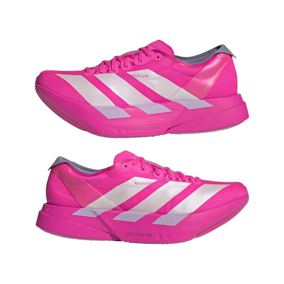 A pair of adidas Women's Adizero Adios Pro 4 Running Shoes in the Shock Pink/Zero Met./Aurora Plum colourway. (8745995337890)