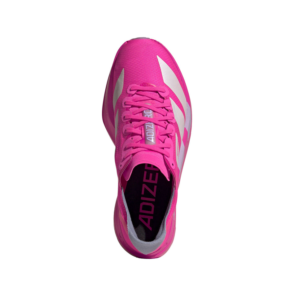 The upper of the right shoe from a pair of adidas Women's Adizero Adios Pro 4 Running Shoes in the Shock Pink/Zero Met./Aurora Plum colourway. (8745995337890)