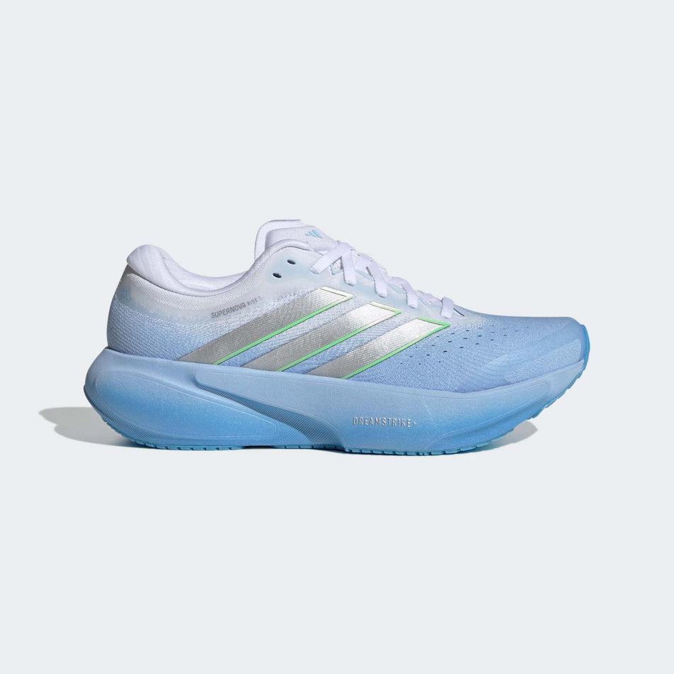 Lateral view of the right shoe from a pair of adidas Women's Supernova Rise 3 Running Shoes in the Glow Blue/Silver met./Ftwr White colourway.
