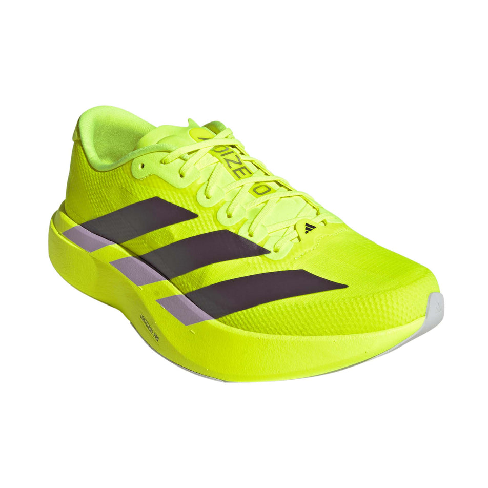 Lateral view of the right shoe from a pair of adidas Men's Adizero EVO SL Woven Running Shoes in the Solar Yellow/Aurora Plum/Powder Plum colourway.